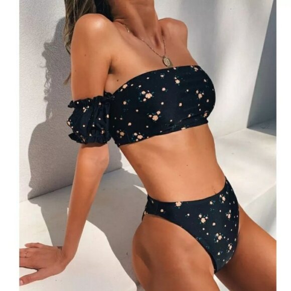 Black Boho Off Shoulder Bandeau High Waist Bikini Set Swimsuit - Picture 1 of 8